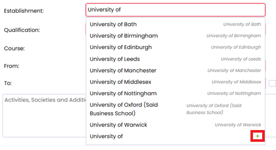 A screenshot showing where the button is to create a new establishhment