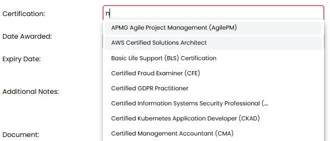 An image showing the certification drop down list on a candidate record