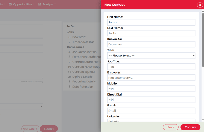 Contact creation form with required fields clearly indicated