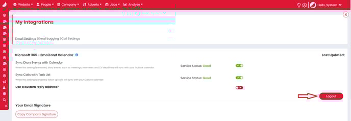 The image shows the My Integrations section of Firefish, with an arrow pointing to the Logout button on the right
