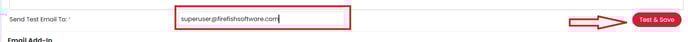 The image shows the highlighted test email field on My Integrations, and an arrow pointing to the test & save button