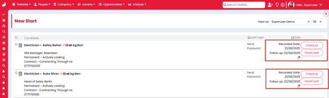 Screenshot: New Start to-do list showing Check-In and Good Luck options