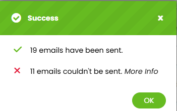 Success message showing sent and not sent email counts