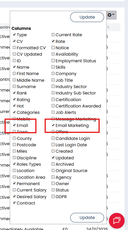 Column picker with Email and Email Marketing fields selected