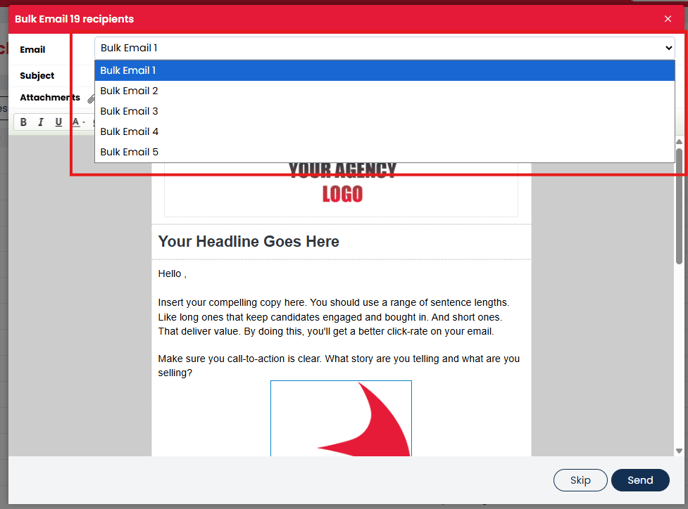 Email template drop-down menu above Subject field