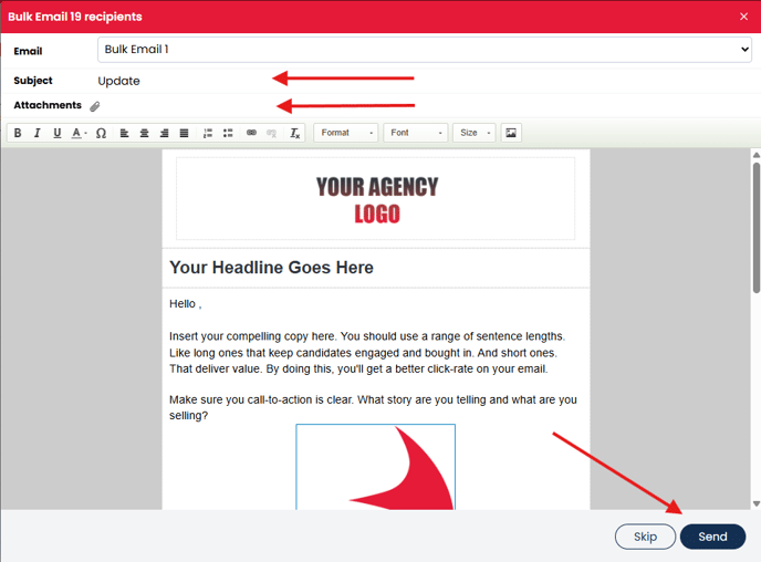 Email editor showing subject line, attachment, tools, and send button
