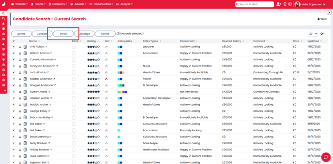 Search results with candidates selected and Email button highlighted