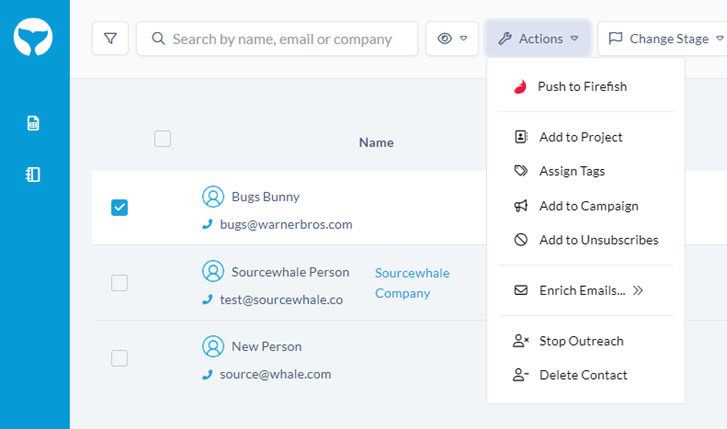 SourceWhale interface with contact list, actions menu, and email campaign options